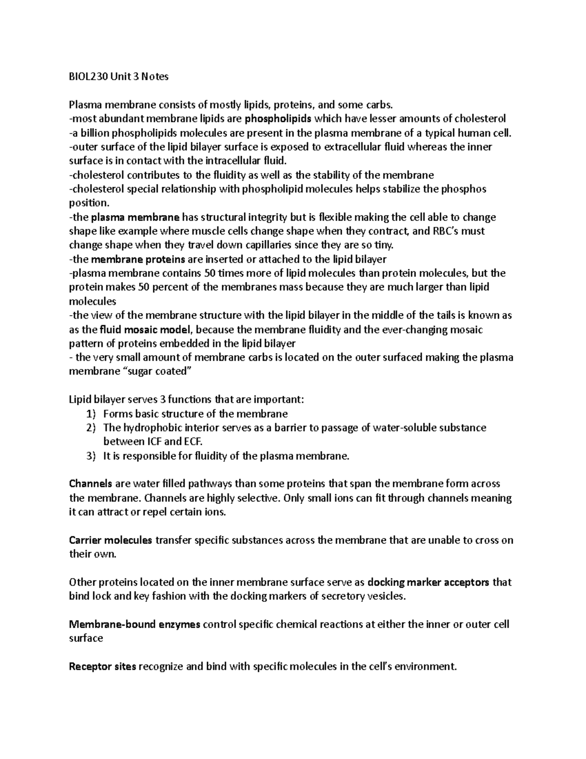 BIOL230 Unit 3 Notes - BIOL230 Unit 3 Notes Plasma Membrane Consists Of ...