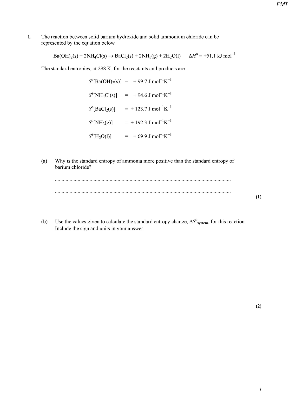 4.4 Entropy - ... - The reaction between solid barium hydroxide and ...