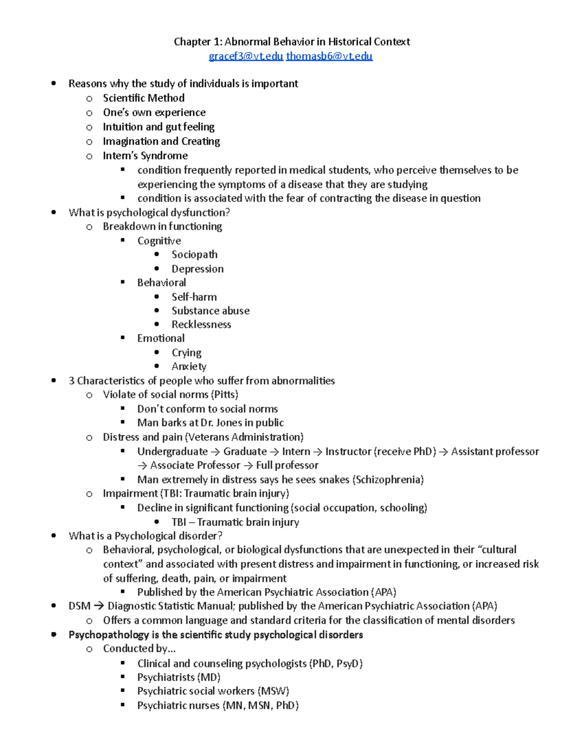 Chapter 1 Notes - Chapter 1: Abnormal Behavior in Historical Context ...