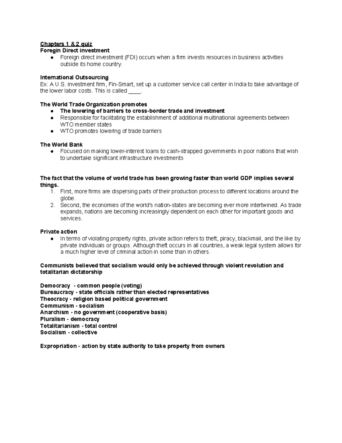 Global Business Final review - Chapters 1 & 2 quiz Foregin Direct ...