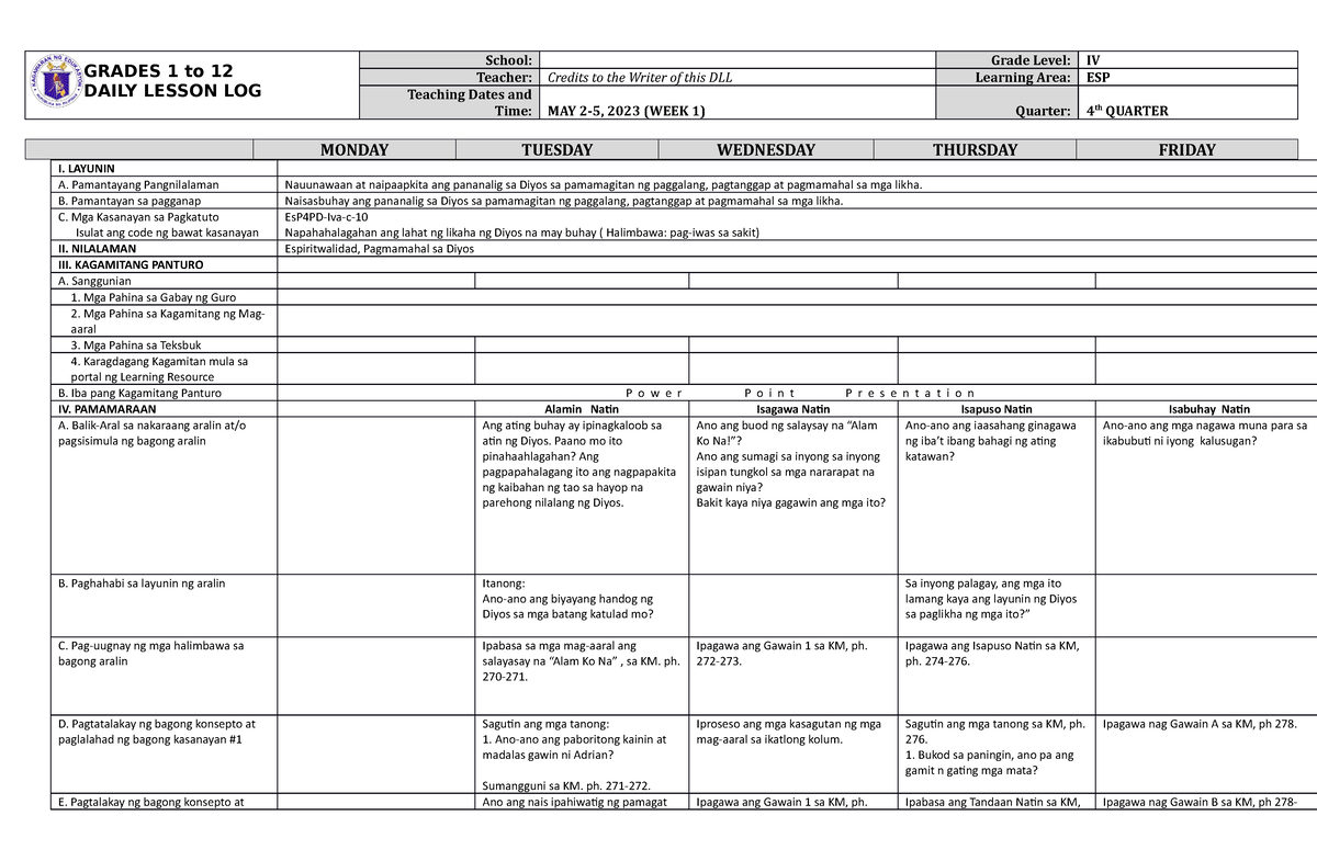 DLL ESP 4 Q4 W1 - Dll - GRADES 1 To 12 DAILY LESSON LOG School: Grade ...