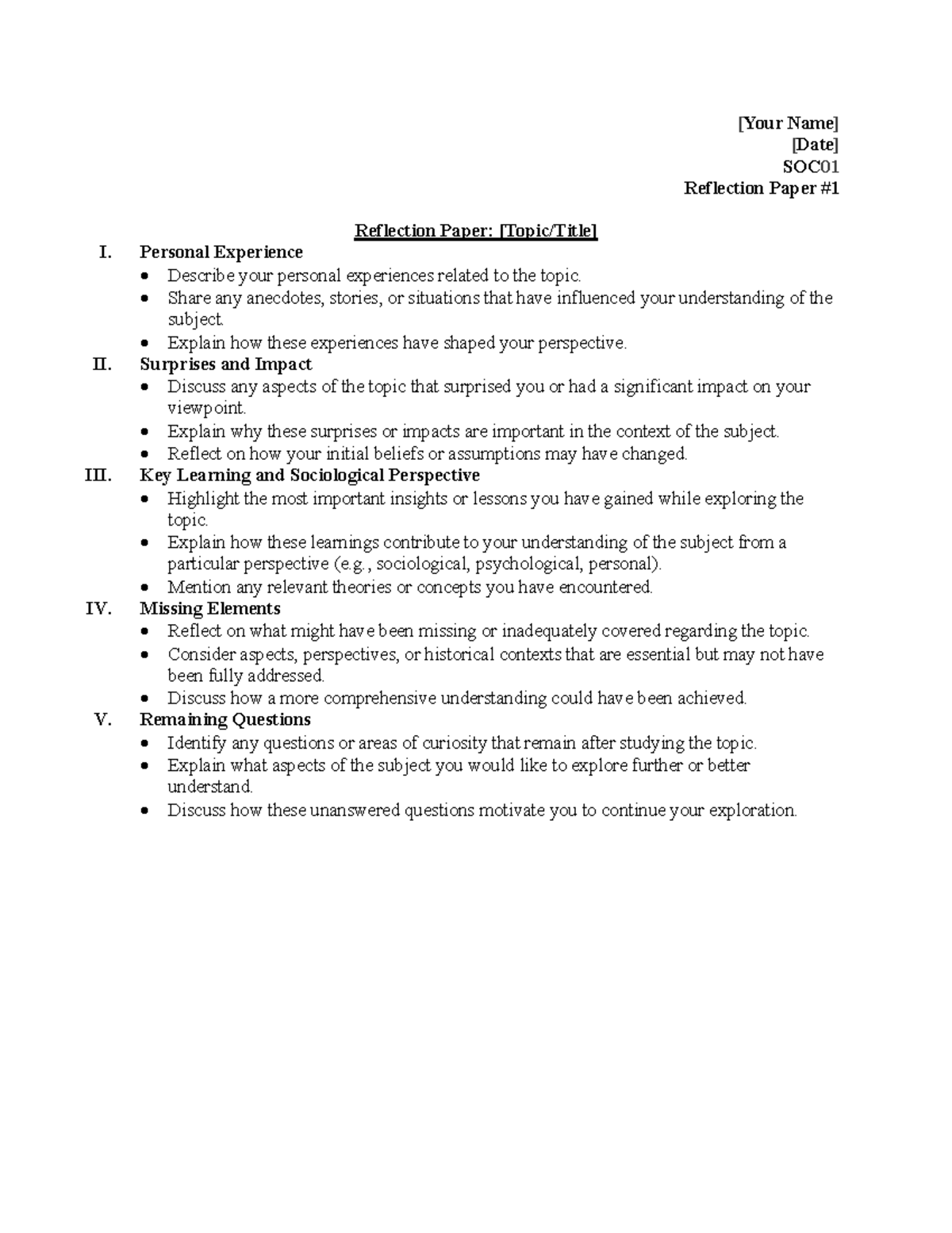 Reflection Paper- Outline - [Your Name] [Date] SOC 01 Reflection Paper ...
