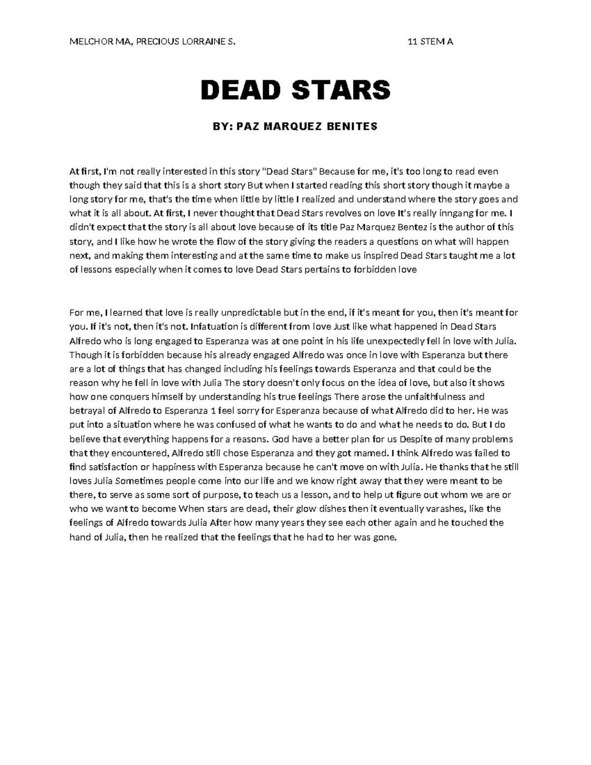 DEAD Stars Reflection - MELCHOR MA, PRECIOUS LORRAINE S. 11 STEM A DEAD ...