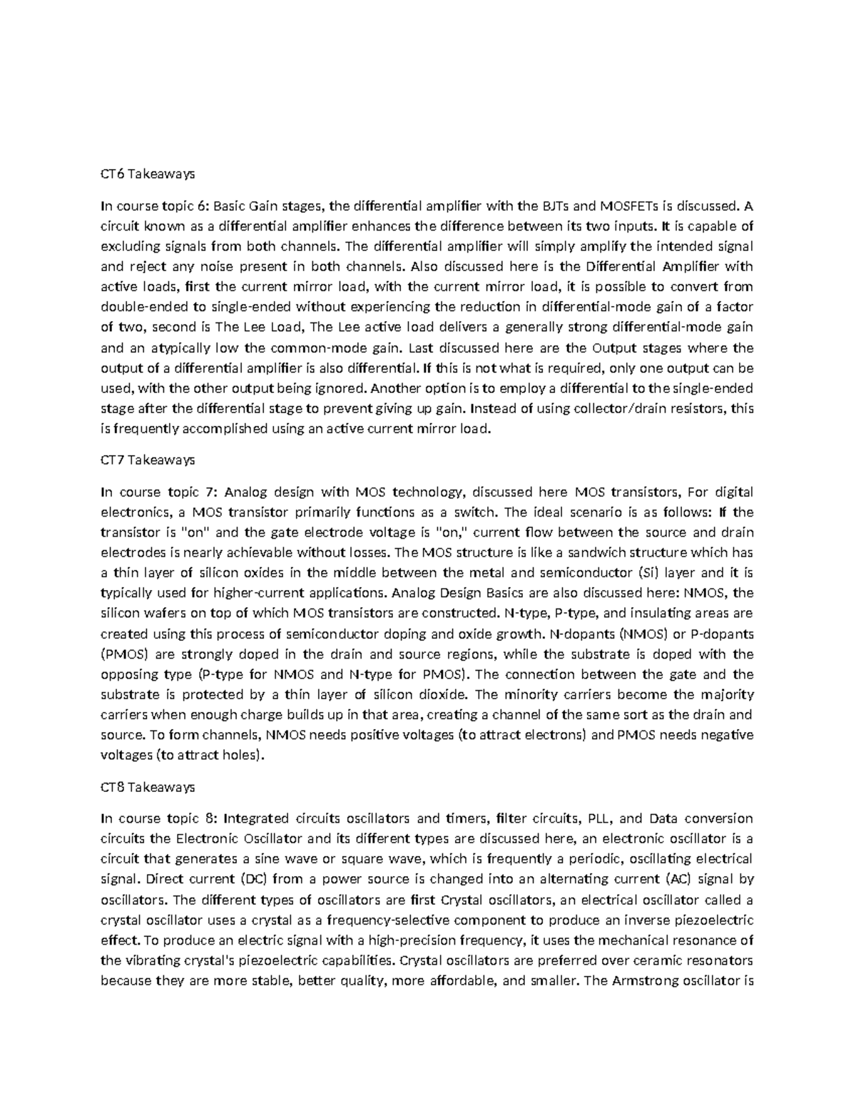 FE2 - essay - CT6 Takeaways In course topic 6: Basic Gain stages, the ...