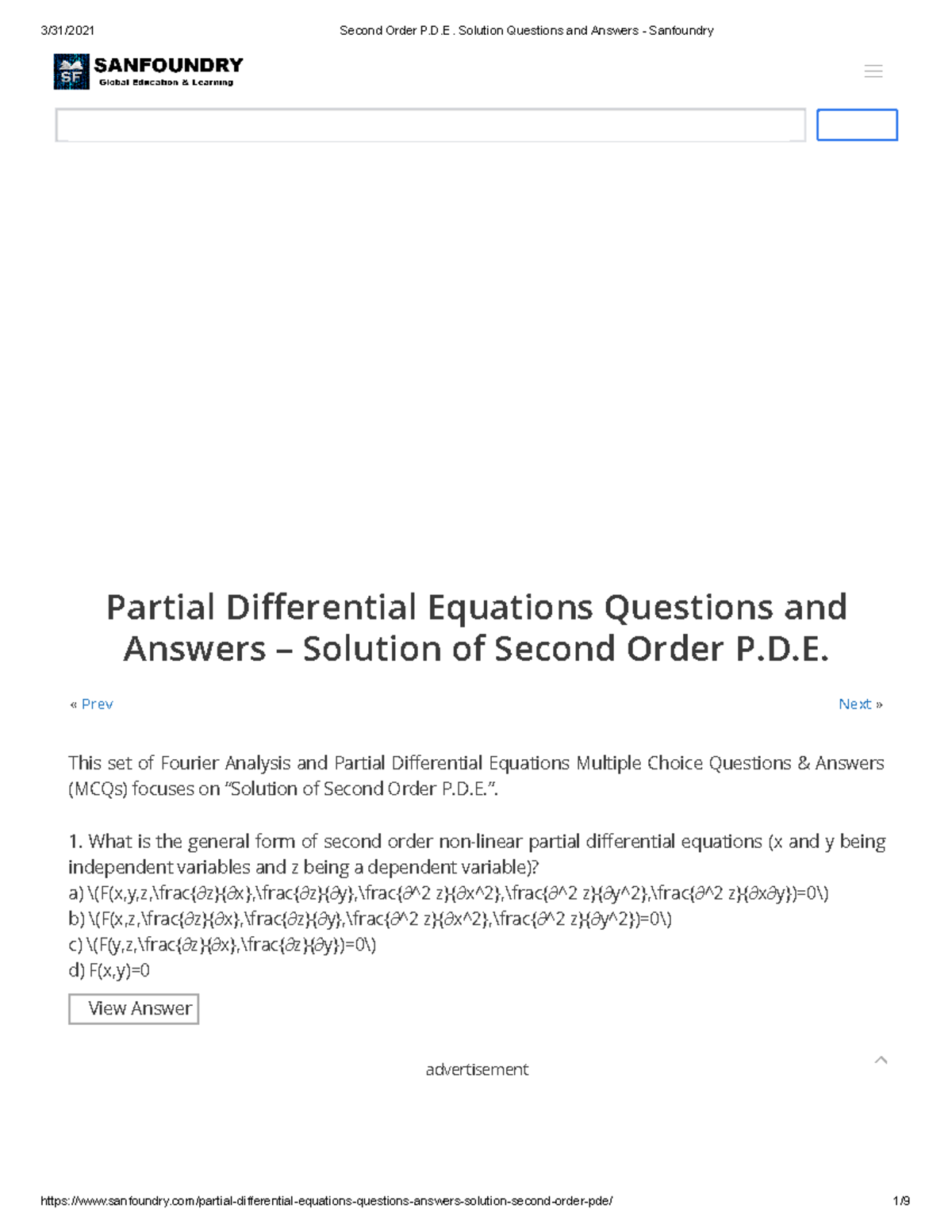 Second Order P.D.E. Solution Questions and Answers Sanfoundry