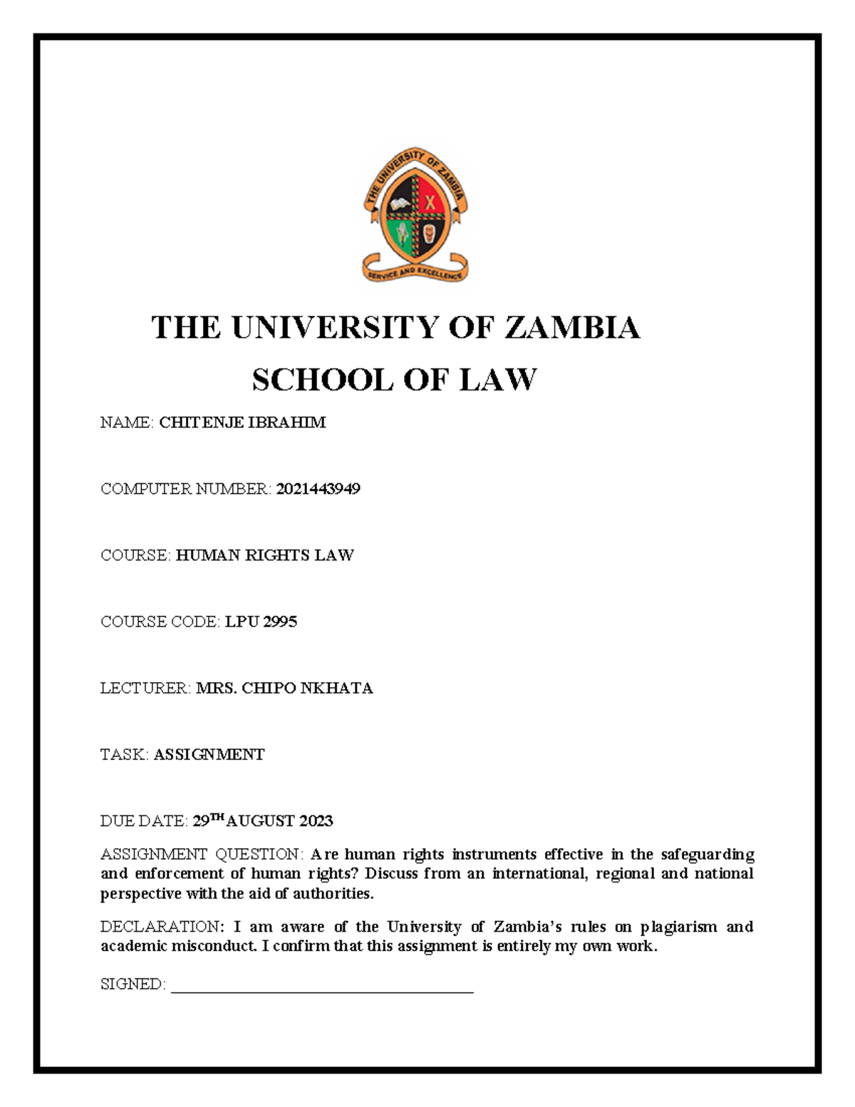 Ibrahim Chitenje's Human Rights Assignment - THE UNIVERSITY OF ZAMBIA ...