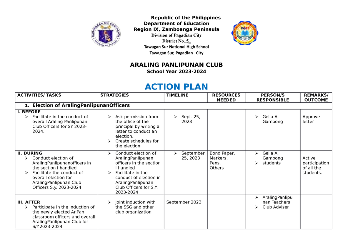 Action Plan Araling Panlipunan Dayagdag Mf 2022 2023 Republic Of The Philippines Department Of 6228