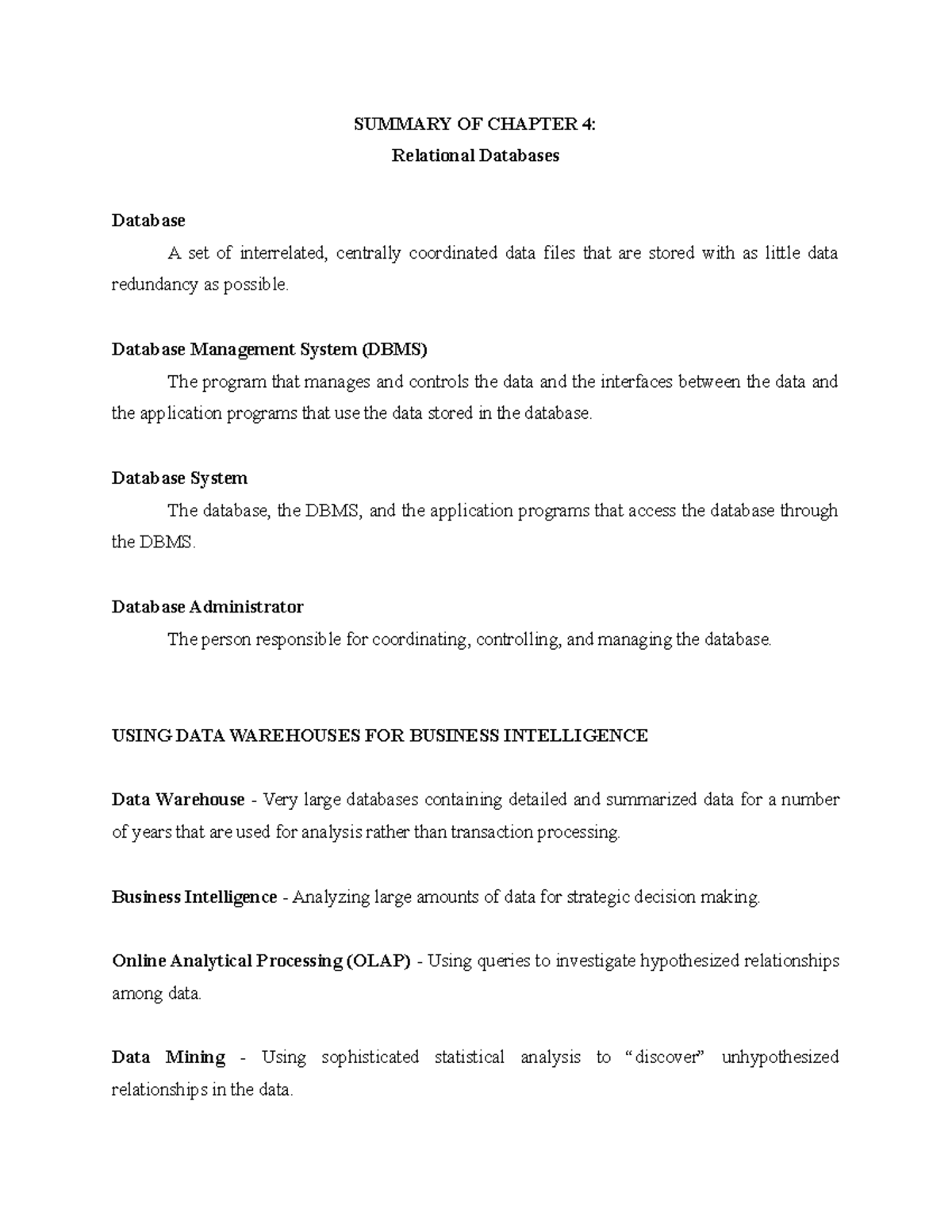 Chapter 4 - ais - SUMMARY OF CHAPTER 4: Relational Databases Database A ...