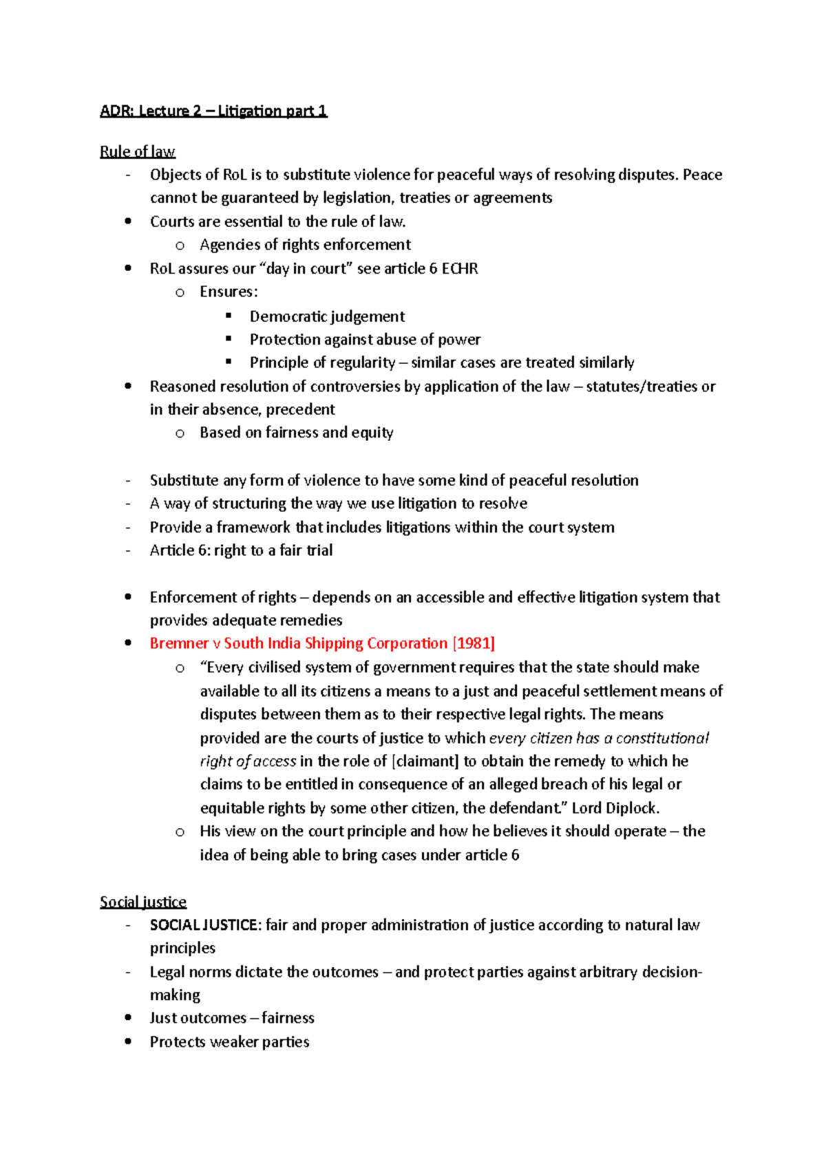 ADR Lecture 2 - ADR: Lecture 2 – Litigation part 1 Rule of law ...