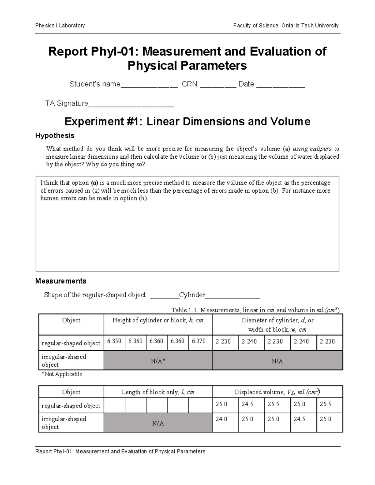 Lab 1 measurements - report for lab 1 - Report PhyI-01: Measurement and ...