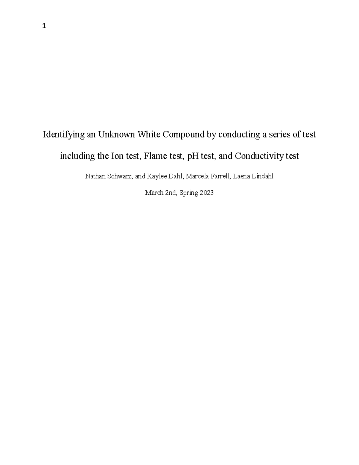 Unknown White Compound Lab Report Identifying an Unknown White