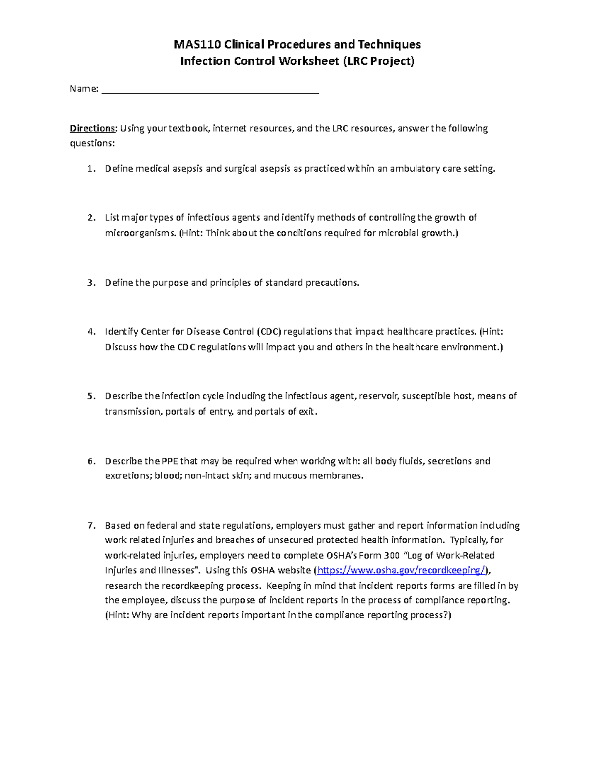 MAS110 Week 1 Infection Control Worksheet - MAS110 Clinical Procedures ...