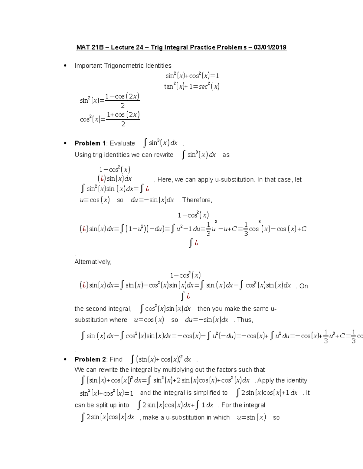 MAT 21B – Lecture 24 – Trig Integral Practice Problems - MAT 21B ...