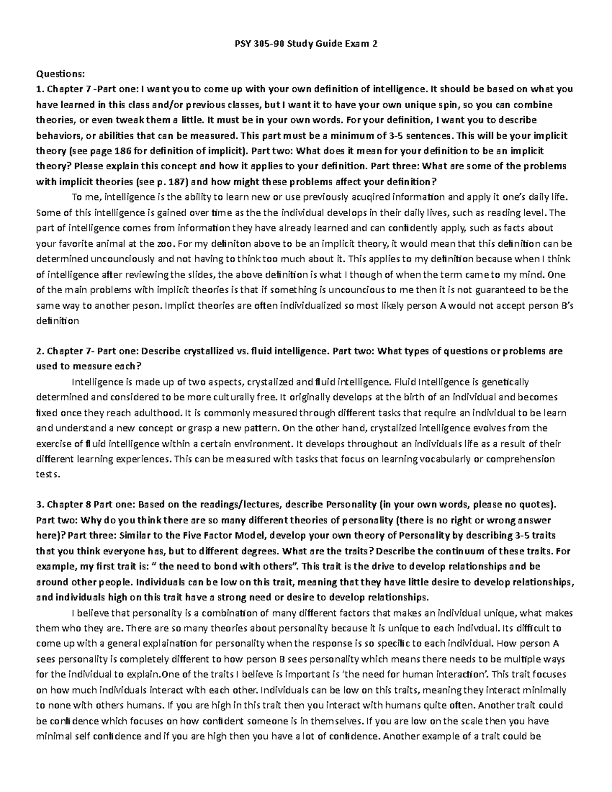 Exam 2 Study Guide - Exam Prep - PSY 305-90 Study Guide Exam 2 ...