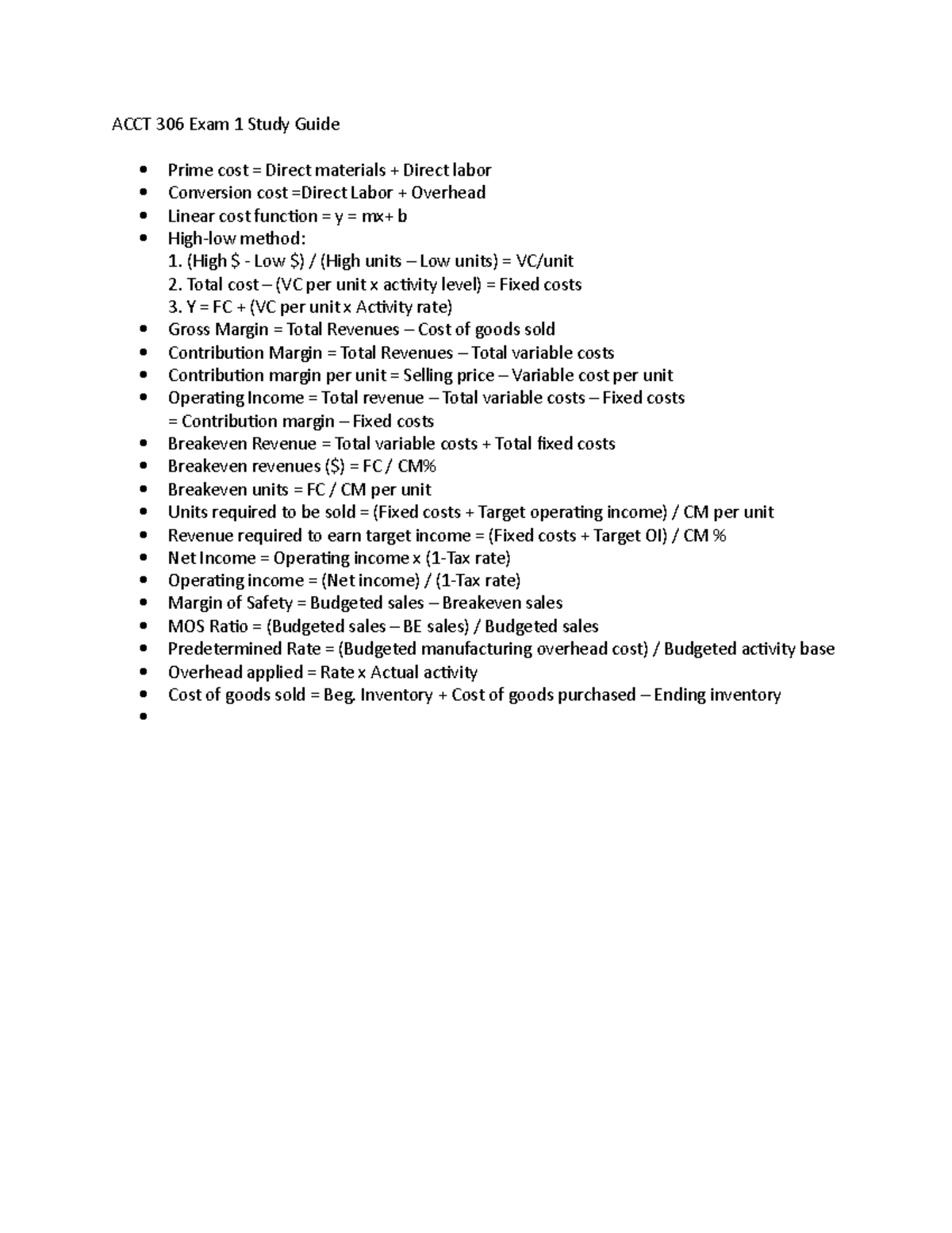 ACCT 306 Exam 1 Study Guide - ACCT 306 Exam 1 Study Guide Prime cost ...