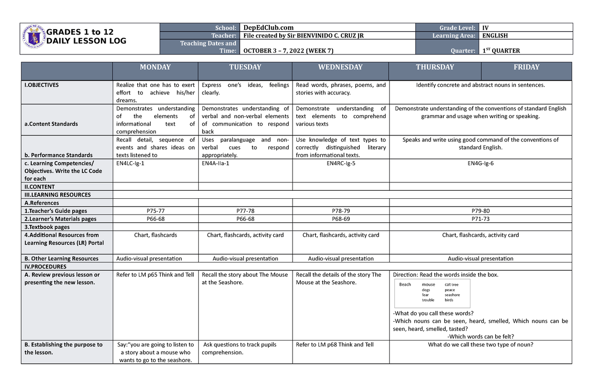 DLL English 4 Q1 W7 - Daily log lessons - GRADES 1 to 12 DAILY LESSON ...