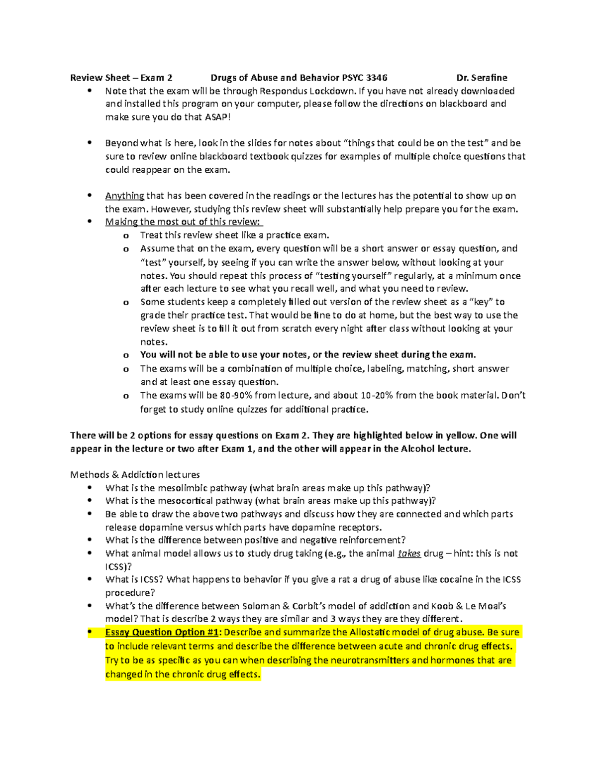 Exam 2 Review sheet(1) - Review Sheet – Exam 2 Drugs of Abuse and ...