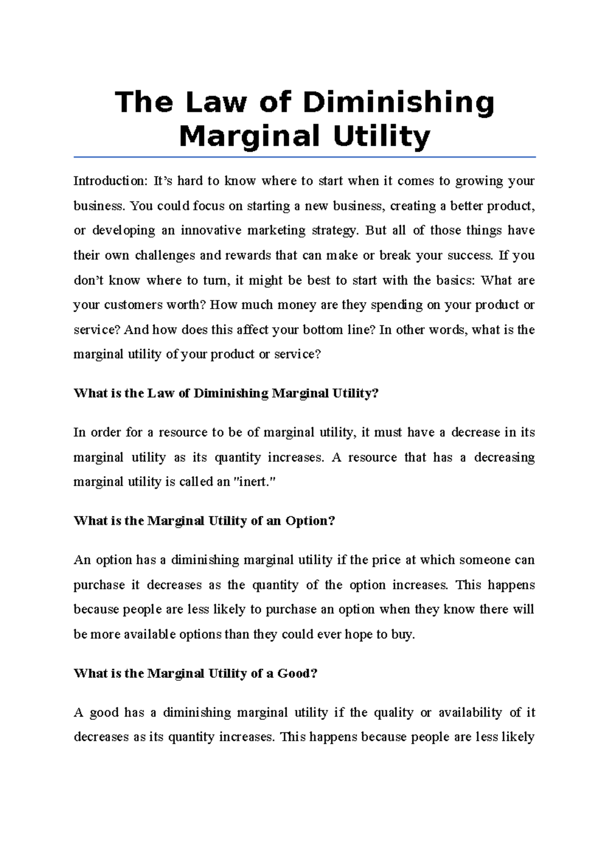 essay on law of diminishing marginal utility