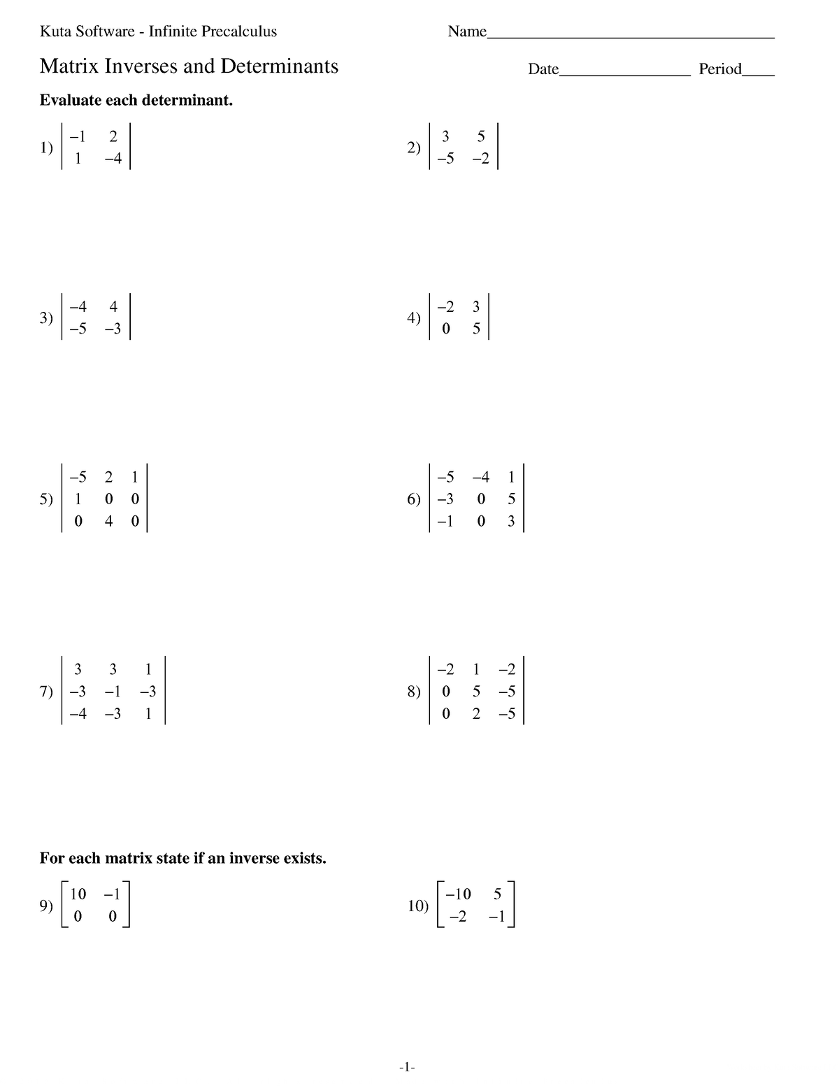 09 - Matrix Inverses and Determinants - MAT171T - TUT - Studocu