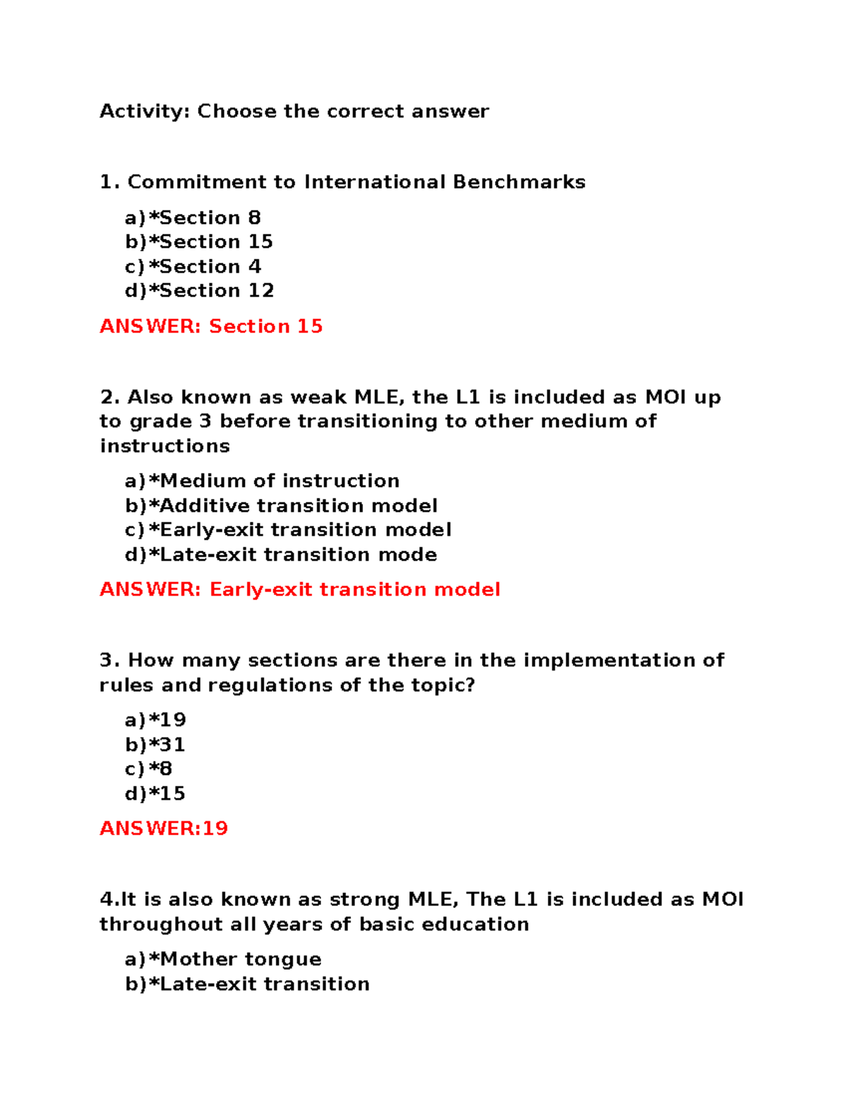 QUIZ - Question and answer - Activity: Choose the correct answer ...