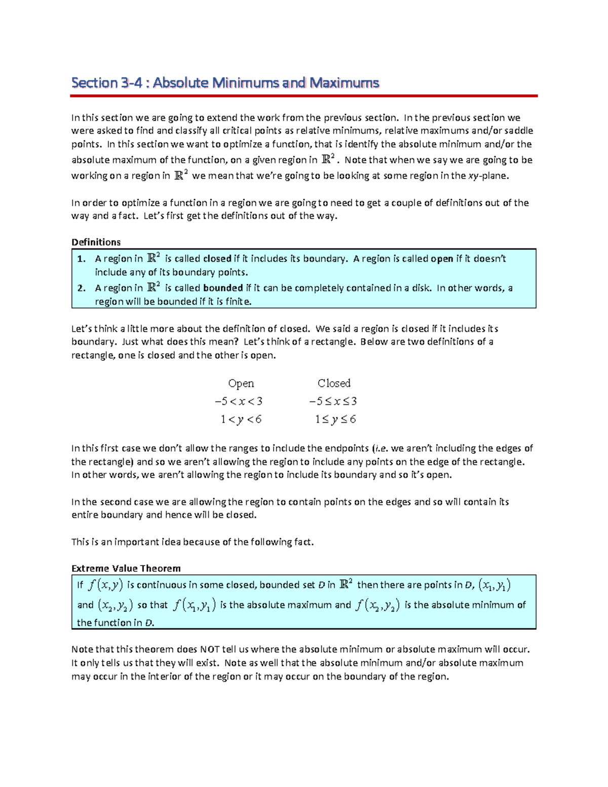 Calc III Absolute Extrema 1 Section 3 4 Absolute Minimums and