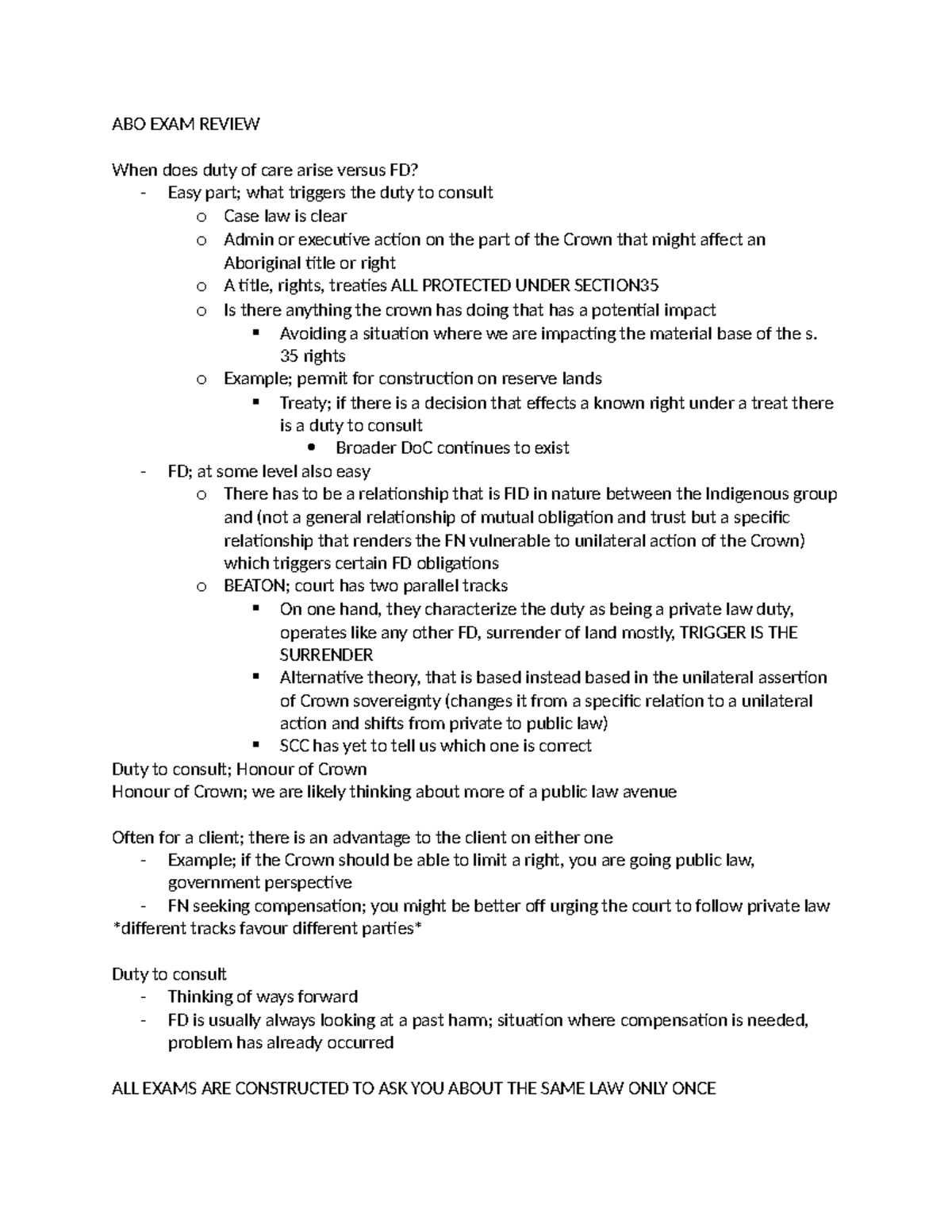 Abo Full Summary ABO EXAM REVIEW When does duty of care arise versus