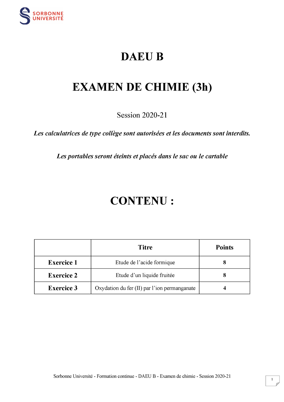 Examen Chimie 2021 DAEU B - Sorbonne Université - Formation Continue ...