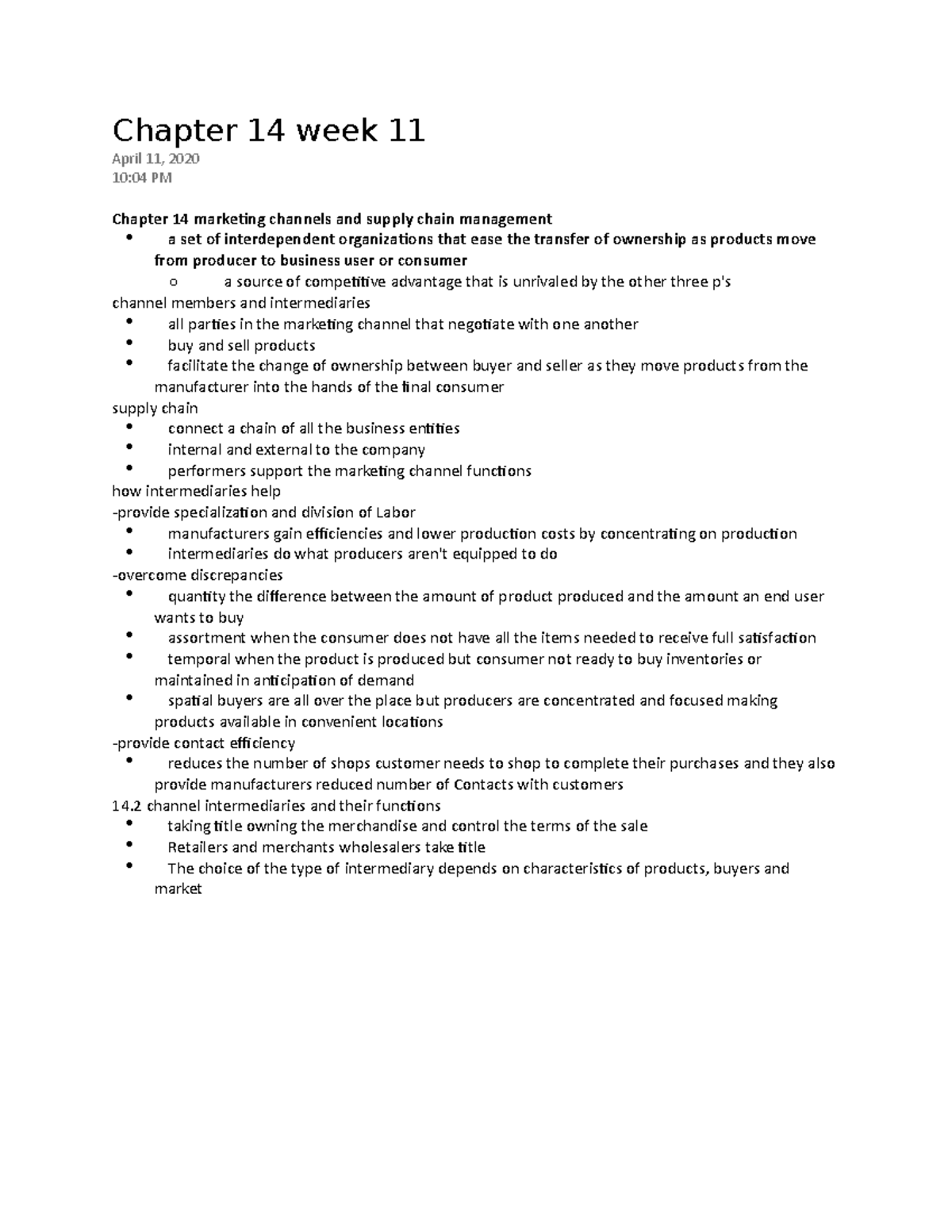 Chapter 14 Week 11 - Lecture Notes - Chapter 14 Week 11 April 11, 2020 ...