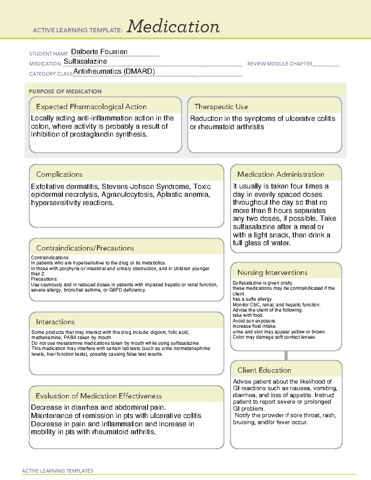 ATI Medication Sulfasalazine ACTIVE LEARNING TEMPLATES Medication