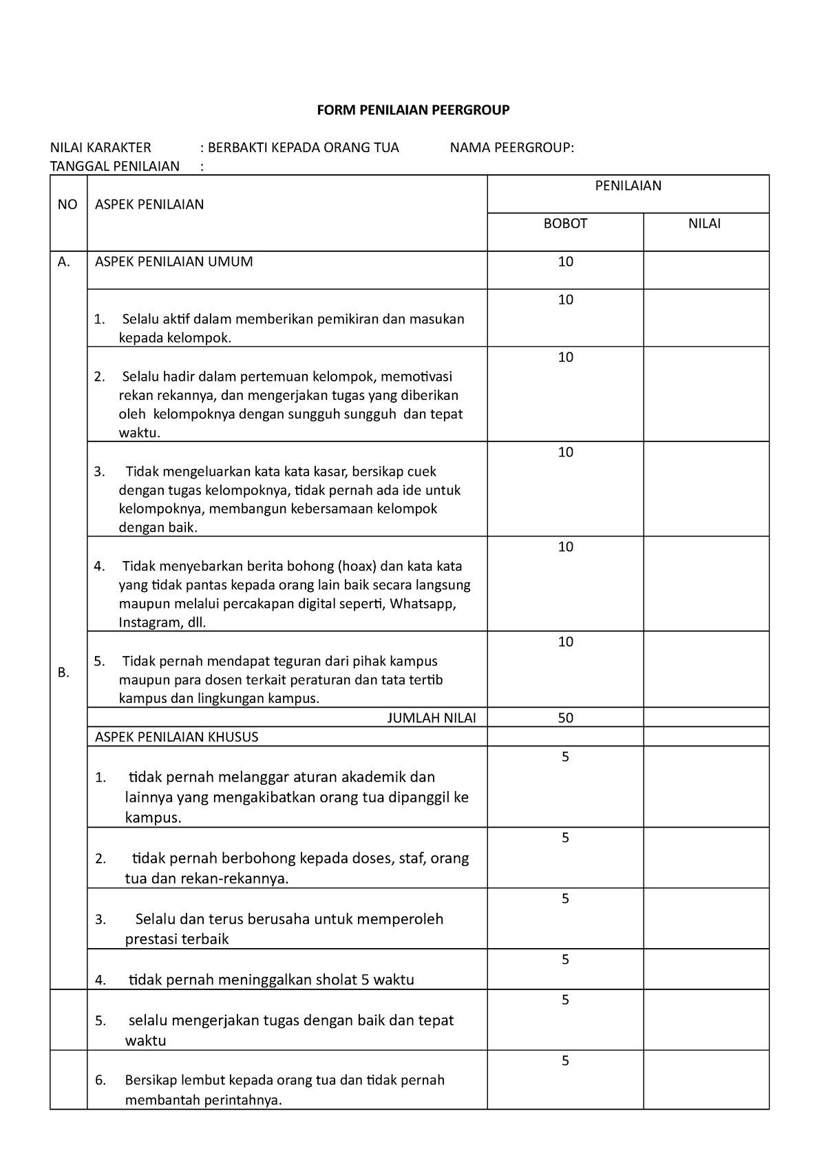 Penilaian Peer Group - Berbakti Kepada Orang Tua - FORM PENILAIAN ...