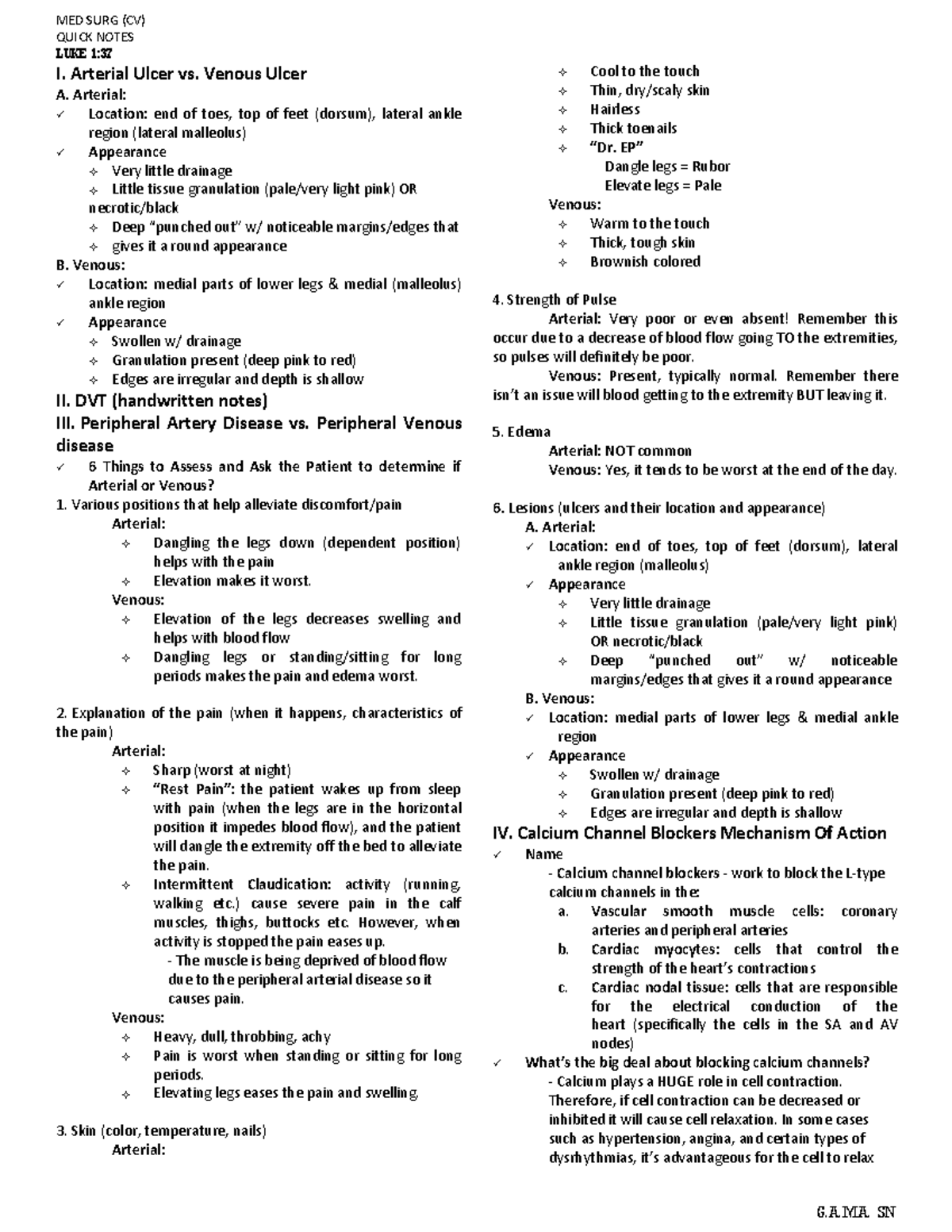 Med Surg Cardiovascular Notes - Quick Notes Luke 1: I. Arterial Ulcer 