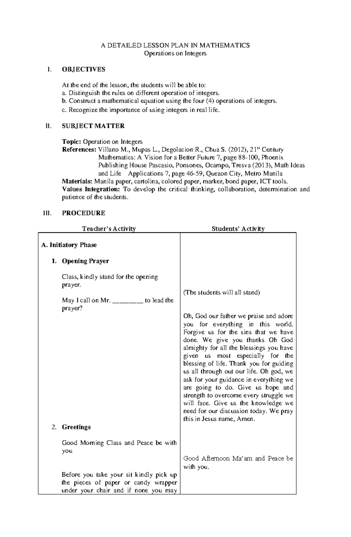 Detailed Lesson Plan In Math A DETAILED LESSON PLAN IN MATHEMATICS 