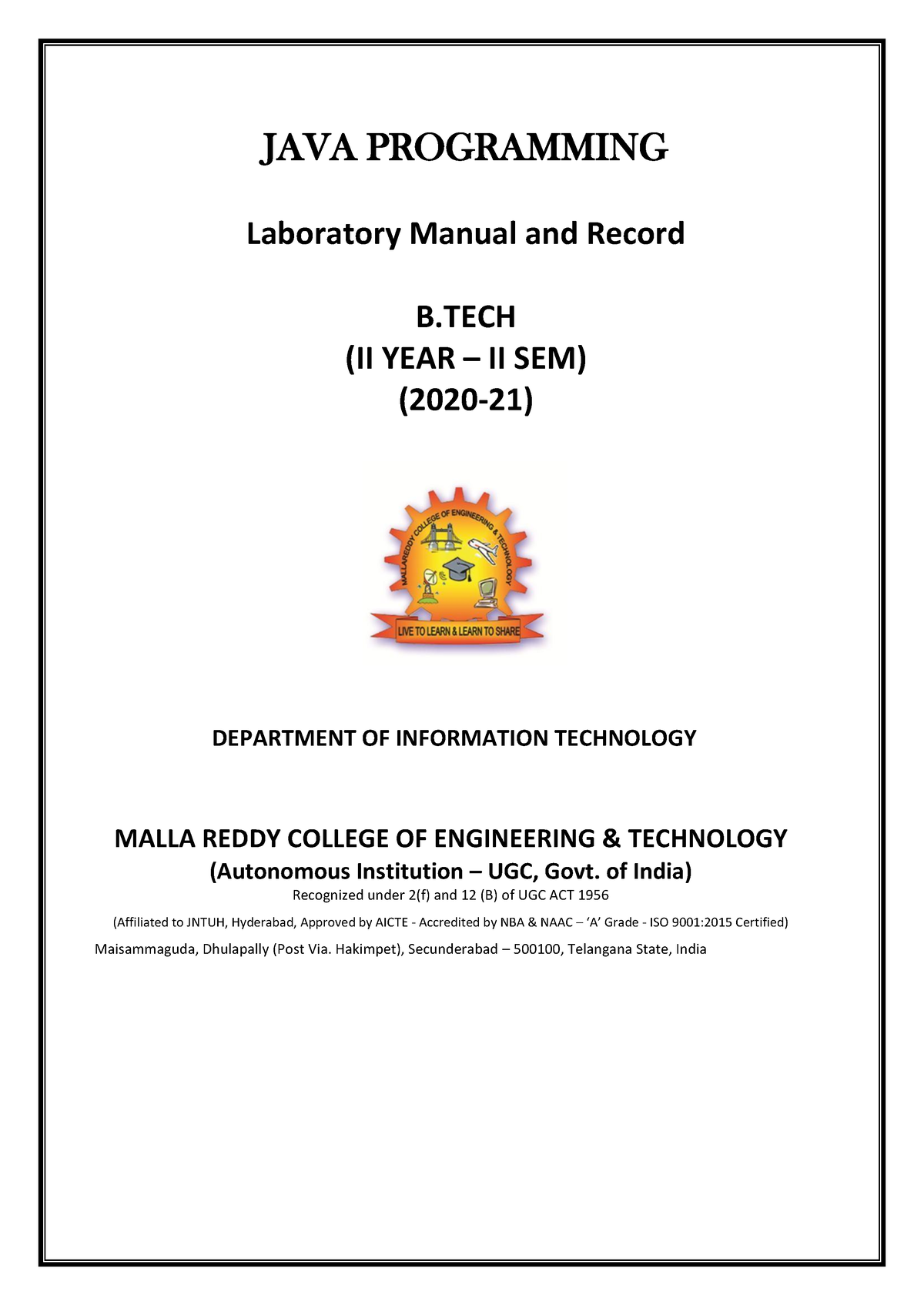 IT II B.TECH SEM -II JAVA LAB Manual (20-21) - JAVA PROGRAMMING ...