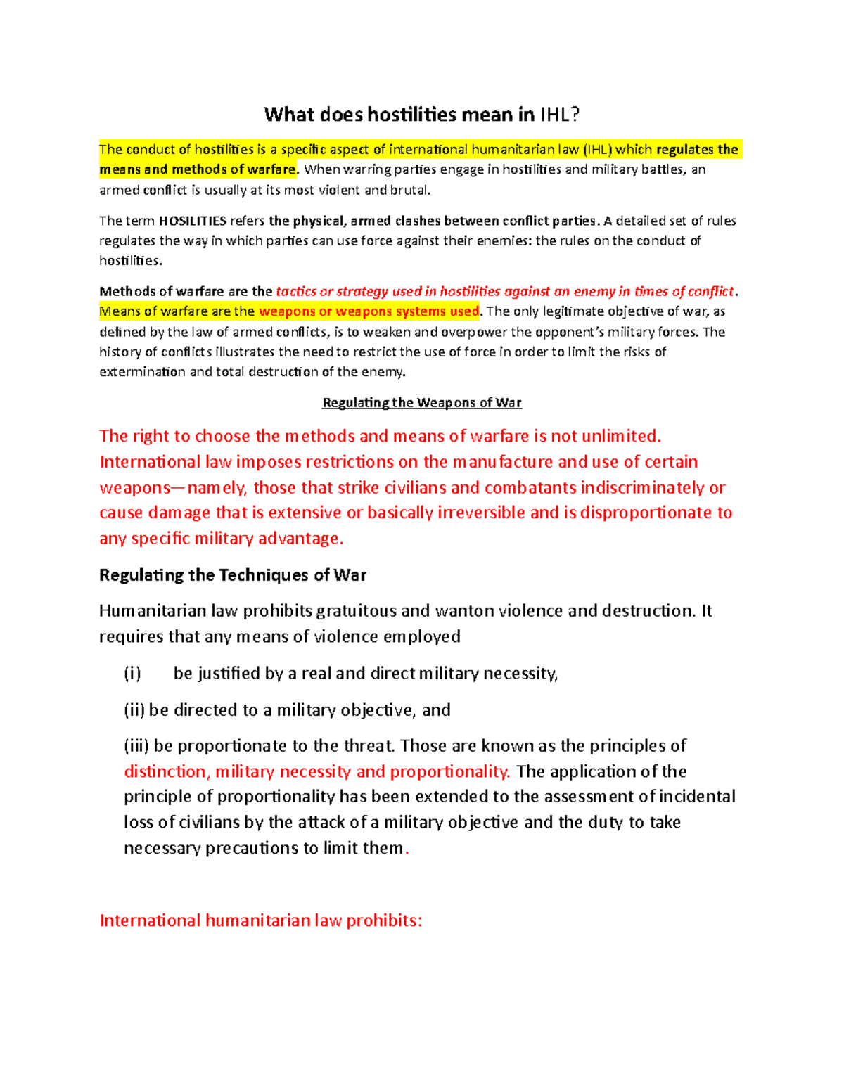 methods and means of conducting hostilities What does hostilities
