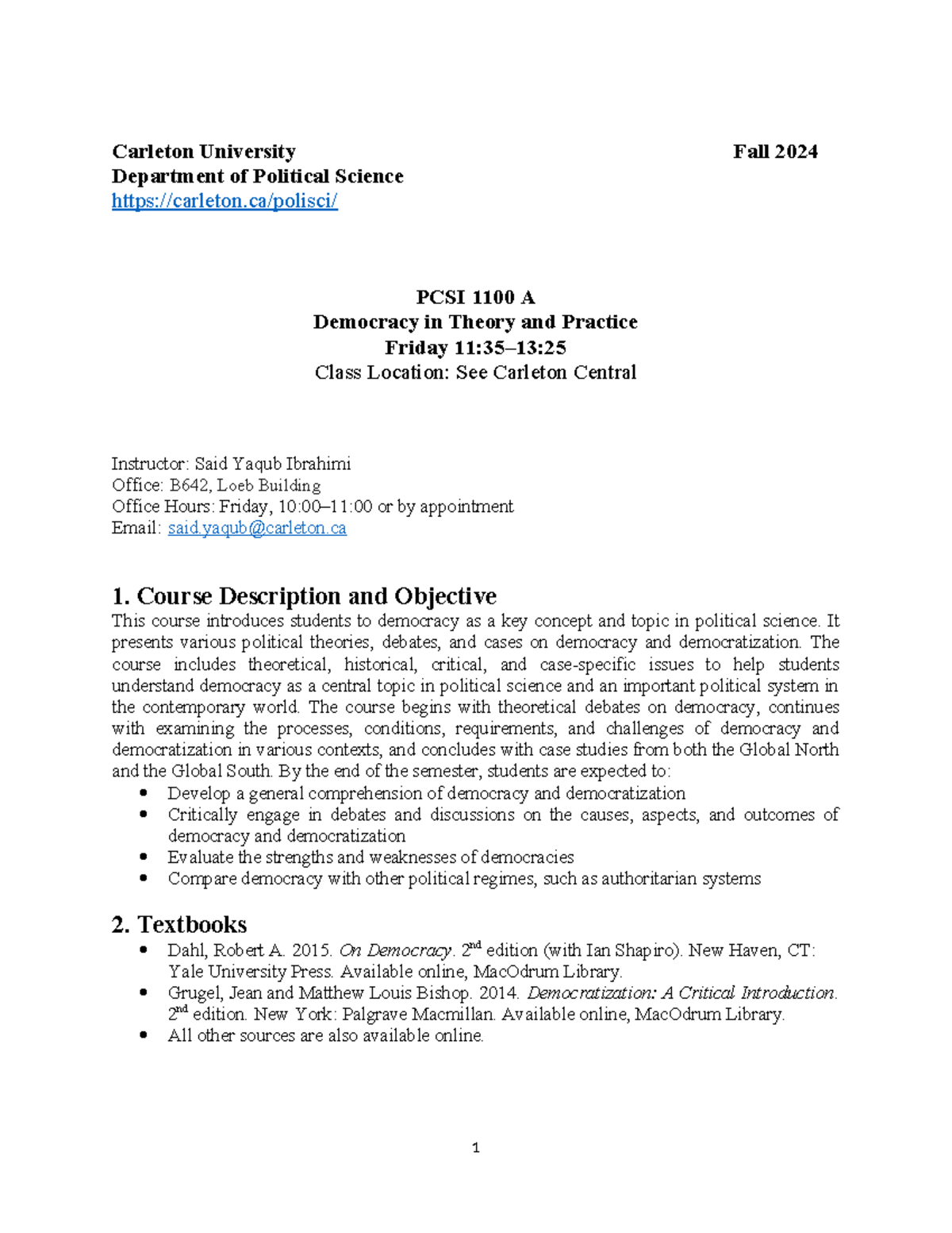 4. PSCI 1100 A Fall 2024 - Course outline for political course ...