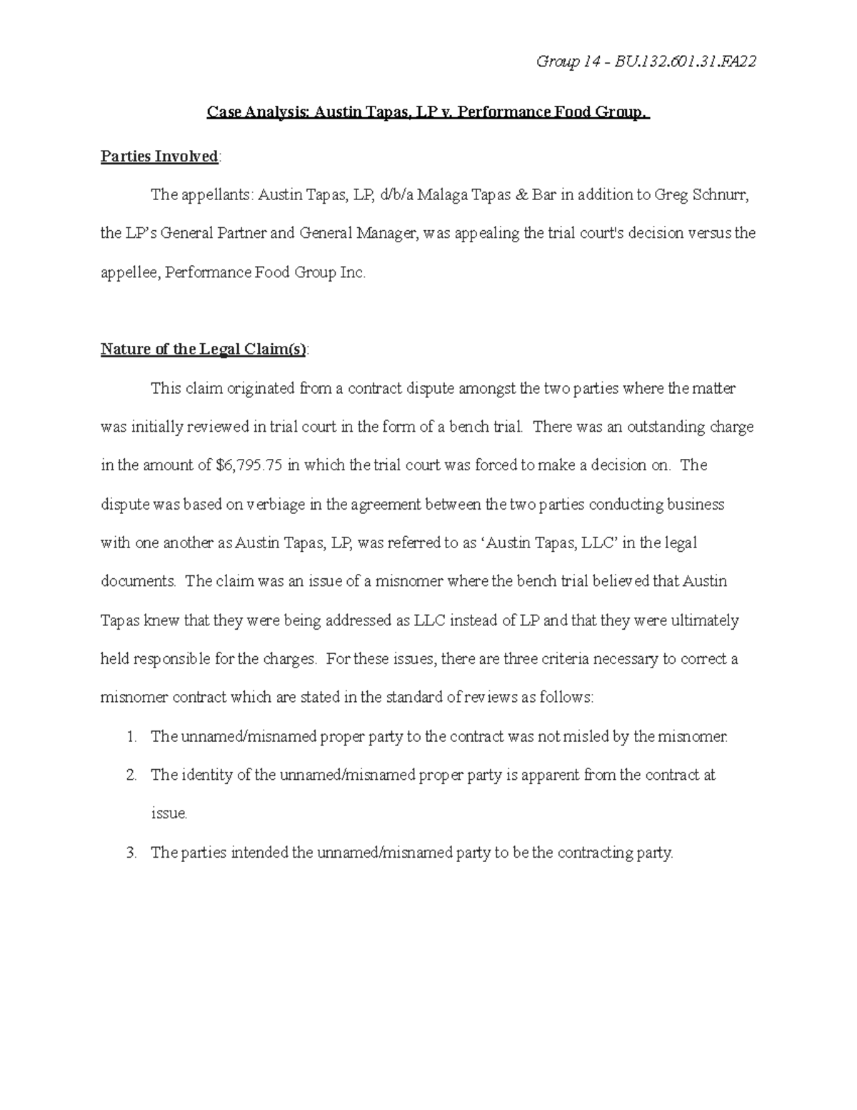 Business Organization Analysis Case Analysis Austin Tapas, LP v