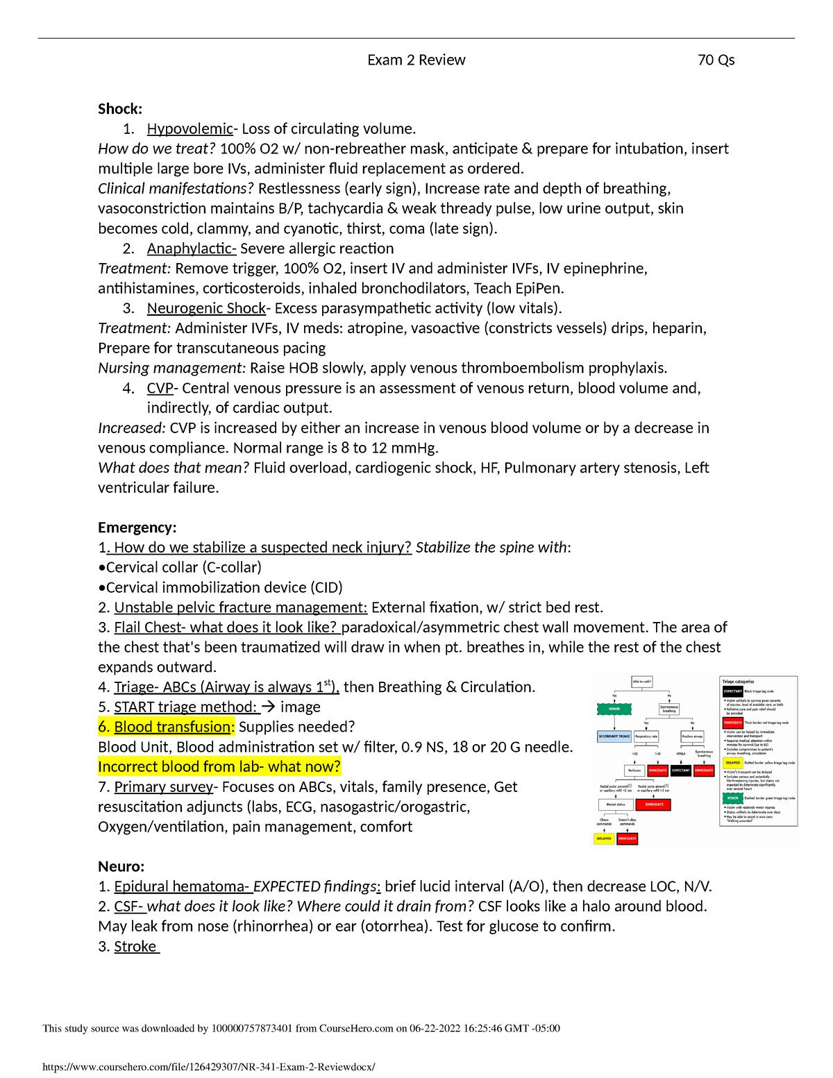 NR 341 Exam 2 Review - Shock: 1. Hypovolemic- Loss of circulating 