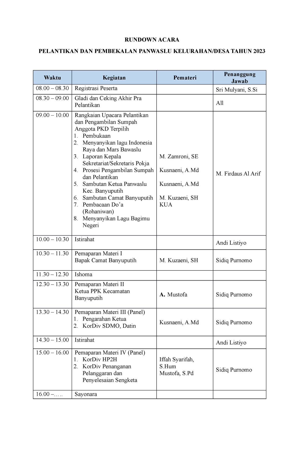 Rundown Acara - Bawaslu - RUNDOWN ACARA PELANTIKAN DAN PEMBEKALAN ...