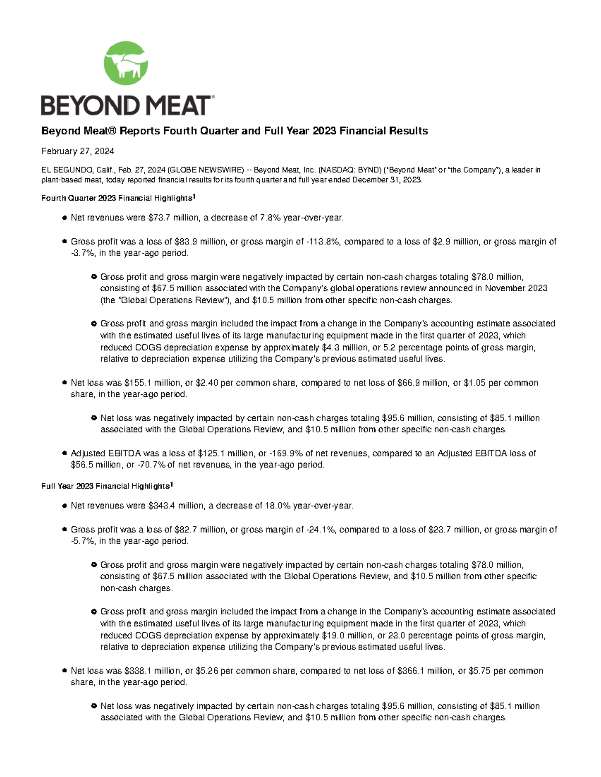 Beyond Meat® Reports Fourth Quarter and Full Year 2023 Financial