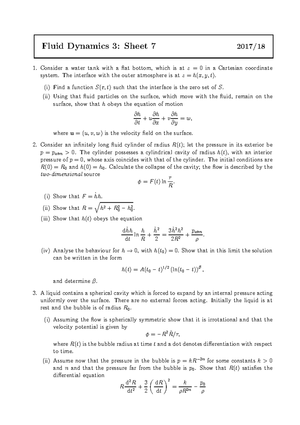 MATH33200 2017-2018 Problem Sheet 7 - Fluid Dynamics 3: Sheet 7 2017/18 ...