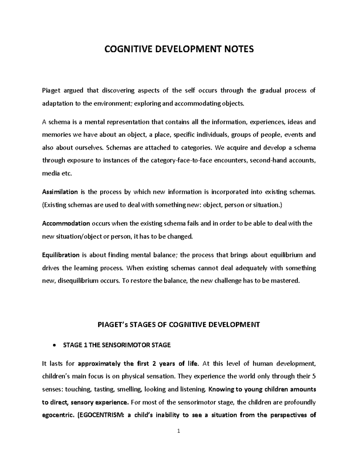 Cognitive Development Notes Psychology - COGNITIVE DEVELOPMENT NOTES ...