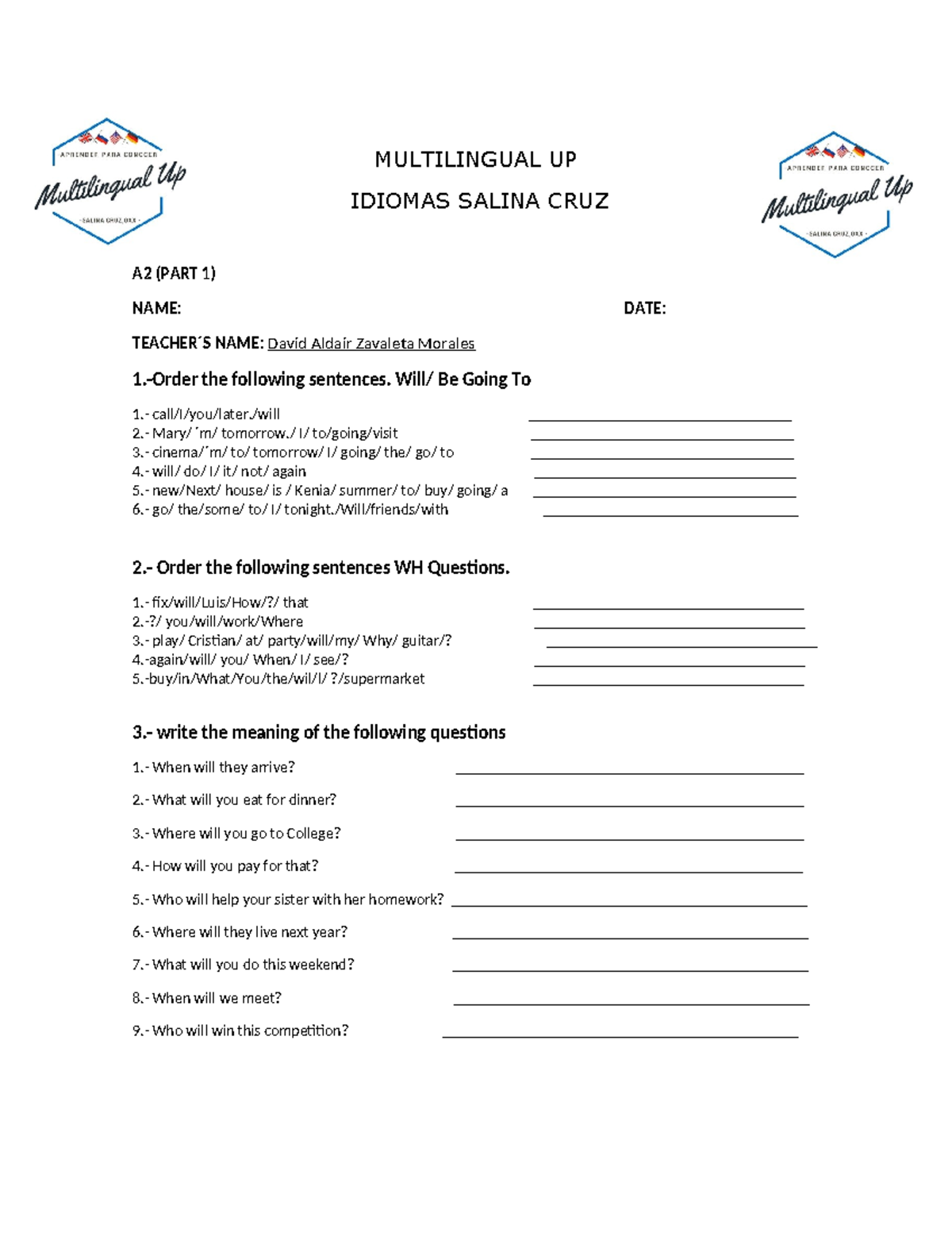 TEST A2 Multilengual UP ( Parte 1) - MULTILINGUAL UP IDIOMAS SALINA ...