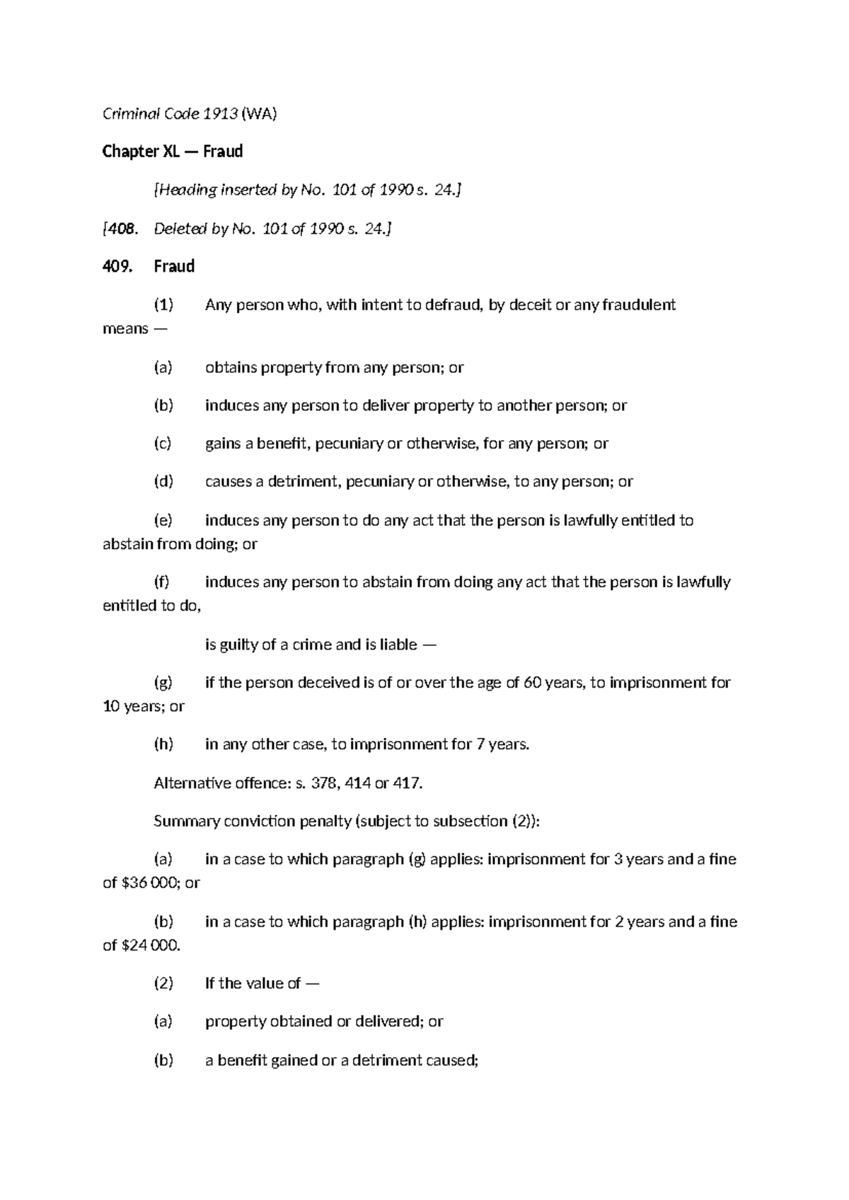 Criminal Code Fraud Provisions - Criminal Code 1913 (WA) Chapter XL ...