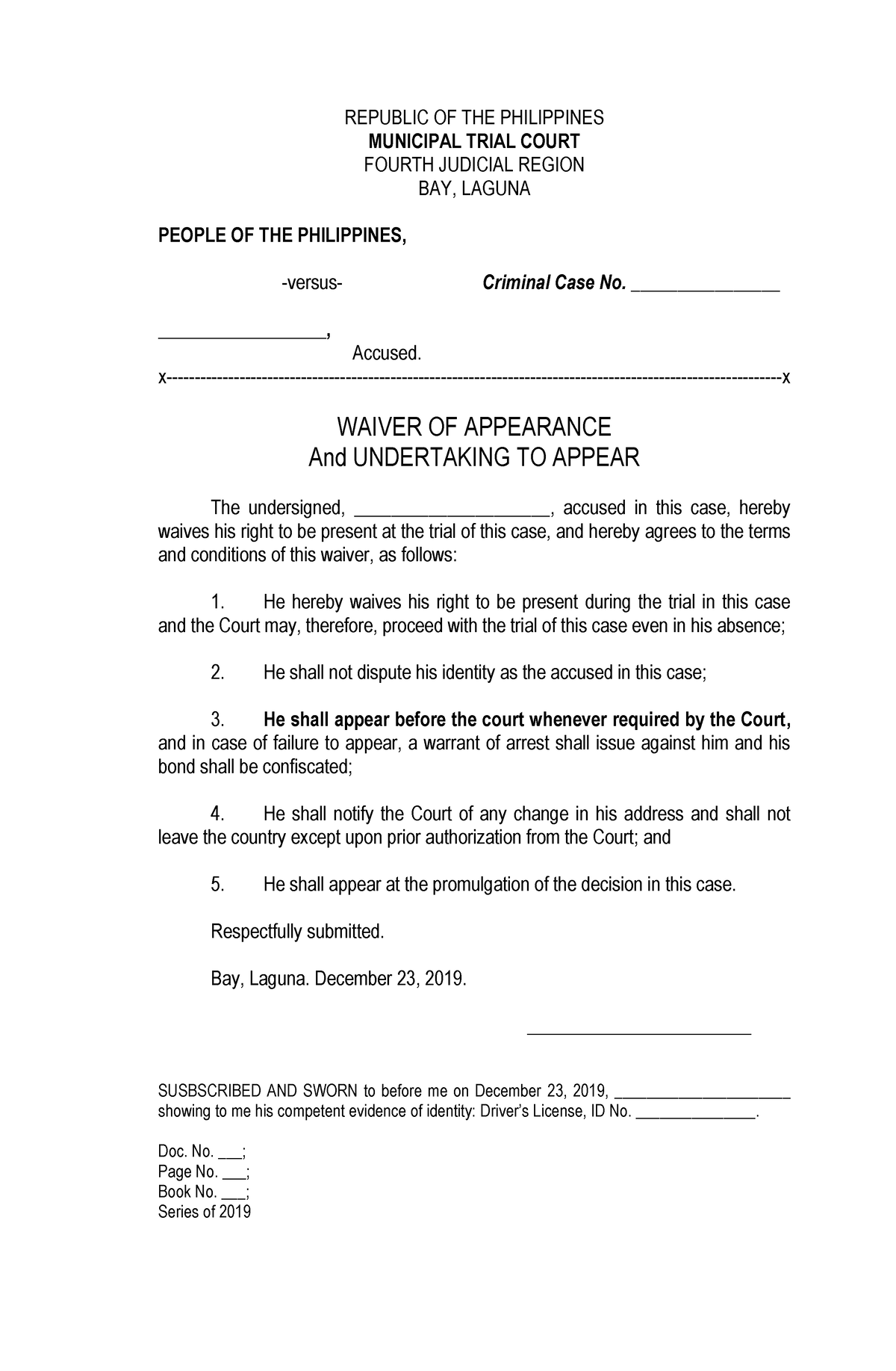 440671807 Template Waiver Of Appearance With Undertaking To Appear Republic Of The Philippines 4798