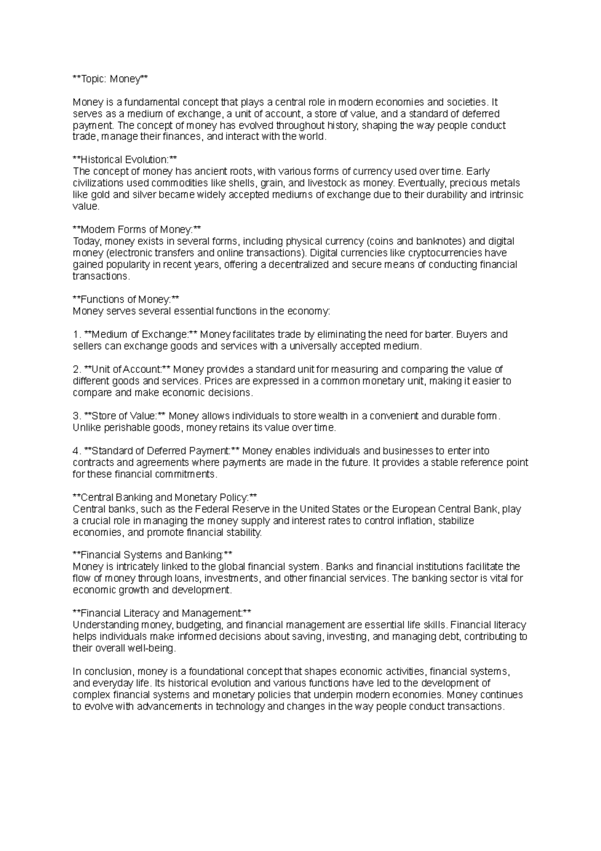 Codes 840731645 - Handout - Topic: Money Money is a fundamental concept ...