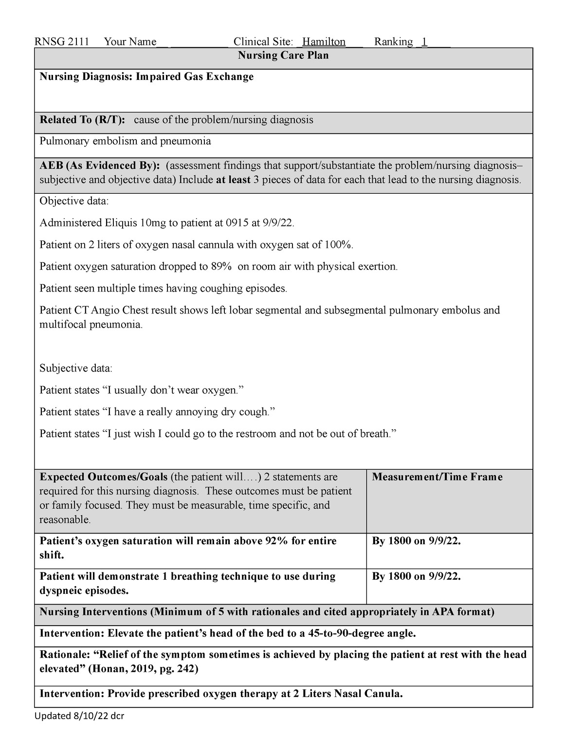 Impaired Gas Exchange care plan RNSG 2111 Your Name