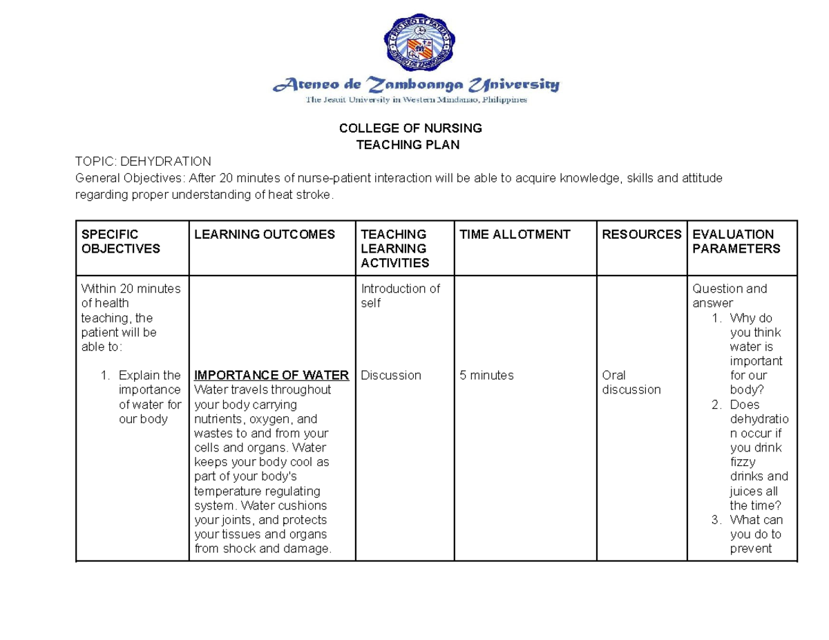 Dehydration teaching plan - COLLEGE OF NURSING TEACHING PLAN TOPIC ...