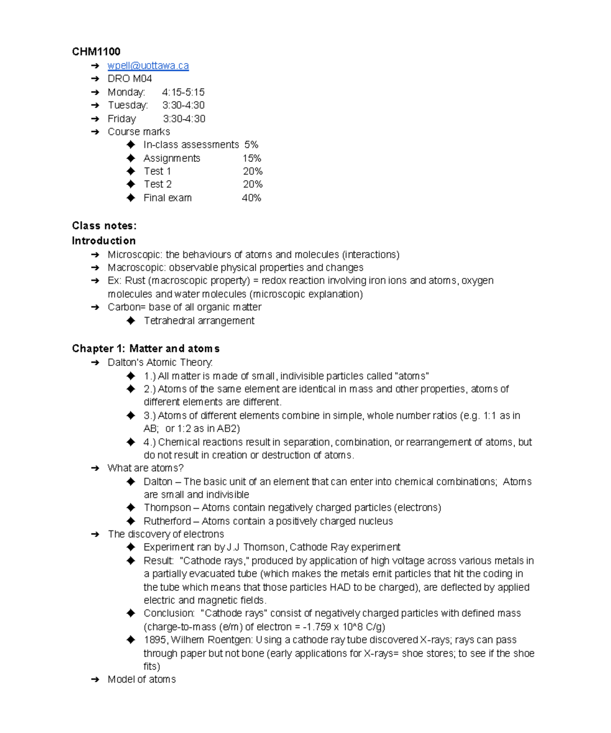 Uof Ottawa CHM 1100 Summaries CHM wpelluottawa DRO M Monday 4155