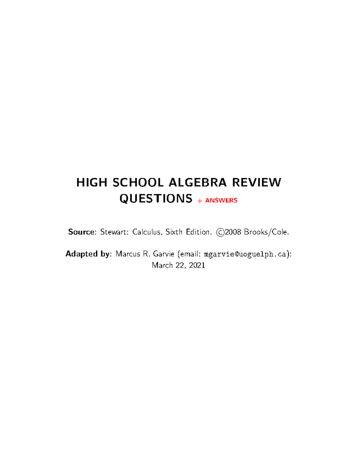 High School Algebra Review HIGH SCHOOL ALGEBRA REVIEW QUESTIONS