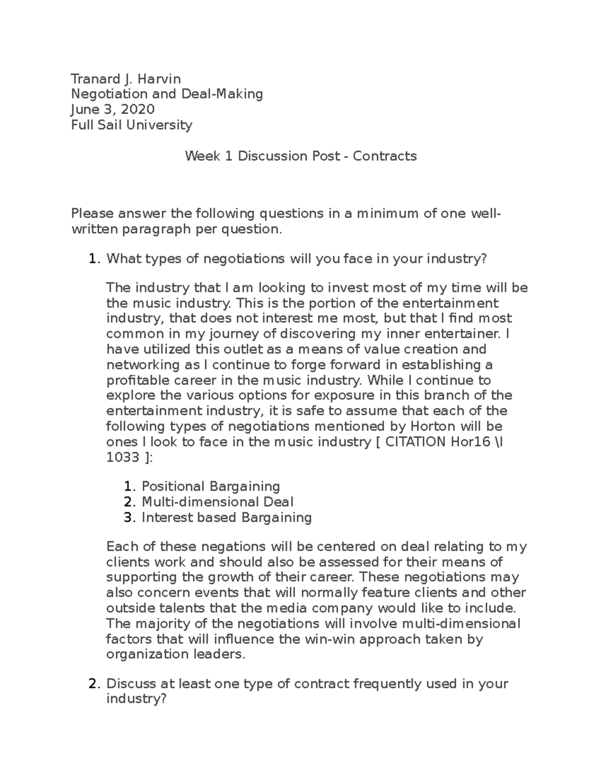 Week 1 Discussion Post - Contracts - Tranard J. Harvin Negotiation and ...